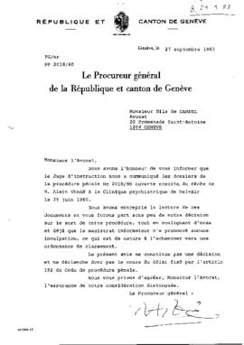 Lettre du procureur général à Nils de Dardel (communication du dossier par l’instruction)